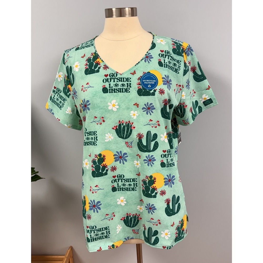 NWT Dickies Scrub Top L Green Cactus Succulent Plant Lover Scrubs Uniform Nurse